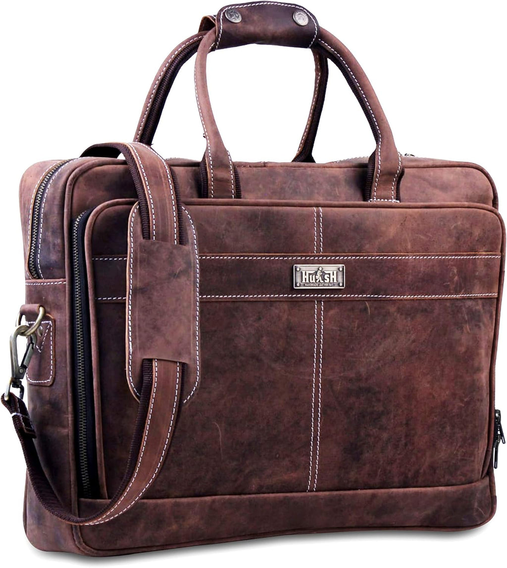 Black Leather Laptop Bag with Padded Laptop Case S459