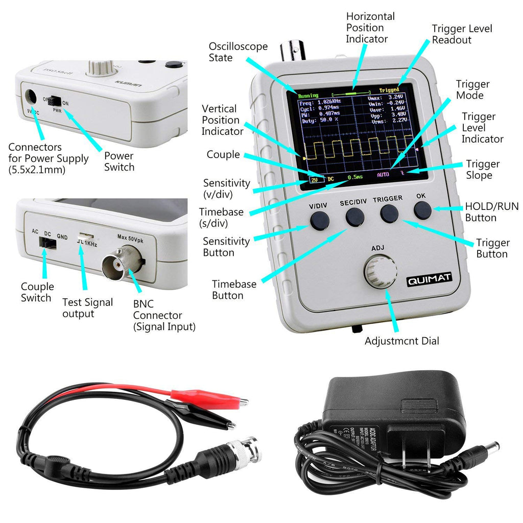 2.4 TFT Digital Oscilloscope Kit with Power Supply and BNC-Clip Cable Probe F765173