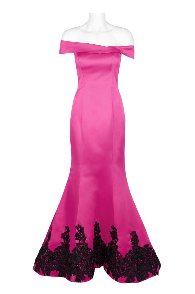 Fuchsia Black Off-Shoulder Bodycon Mermaid Crepe Dress P146667