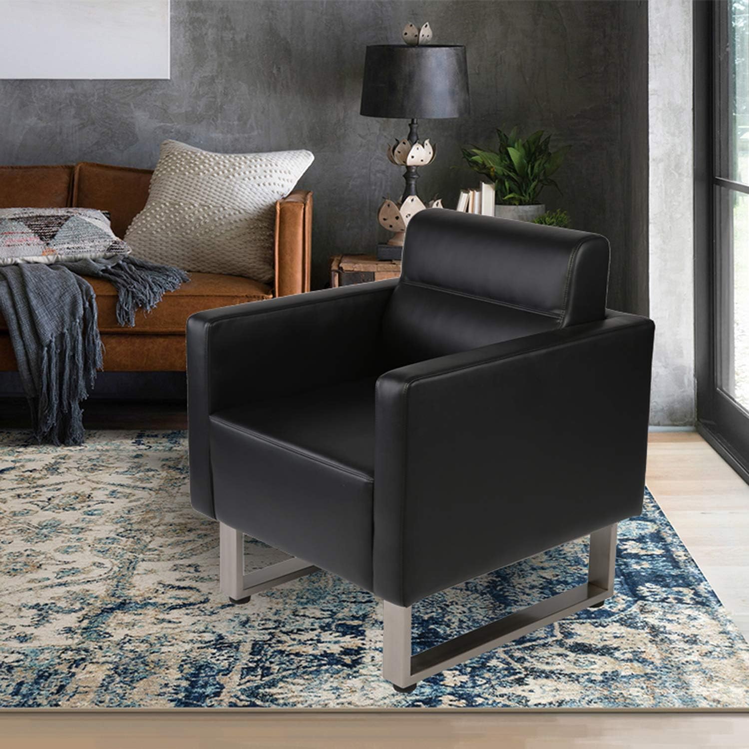 Black Leather Club Chair with Cushion N8557