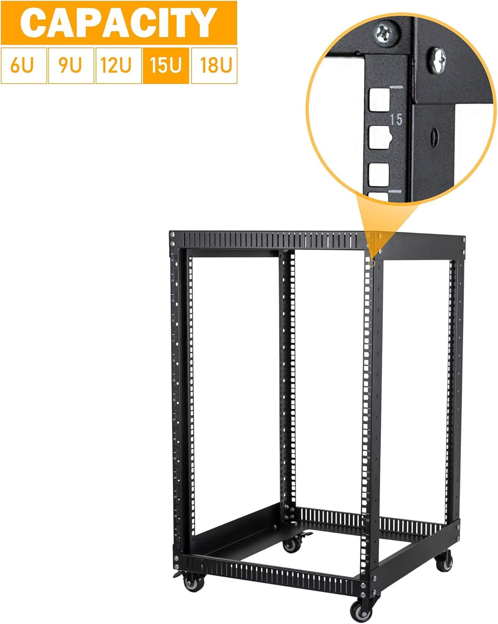 18U 4 Post Open Frame Server Rack with Brake Casters Black W1411