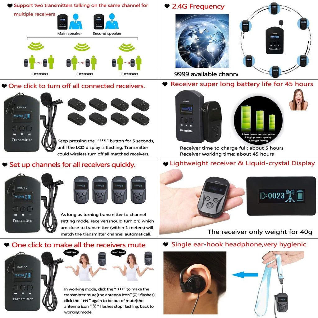 2.4GHz Wireless Audio Tour Guide System - 2 Transmitters 15 Receivers & Silver Storage Case A749262