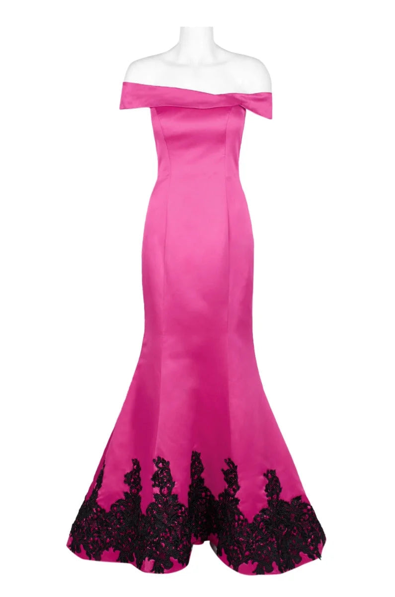 Fuchsia Black Off-Shoulder Bodycon Mermaid Crepe Dress P146667