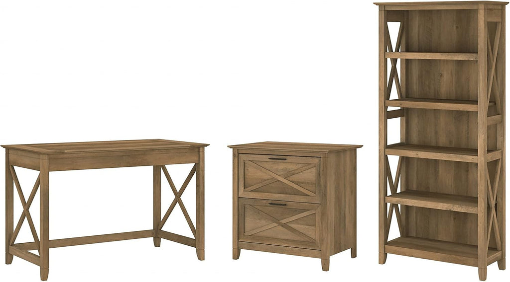 48W Dark Gray Hickory Writing Desk with 2 Drawer Lateral File Cabinet and 5 Shelf Bookcase X159607
