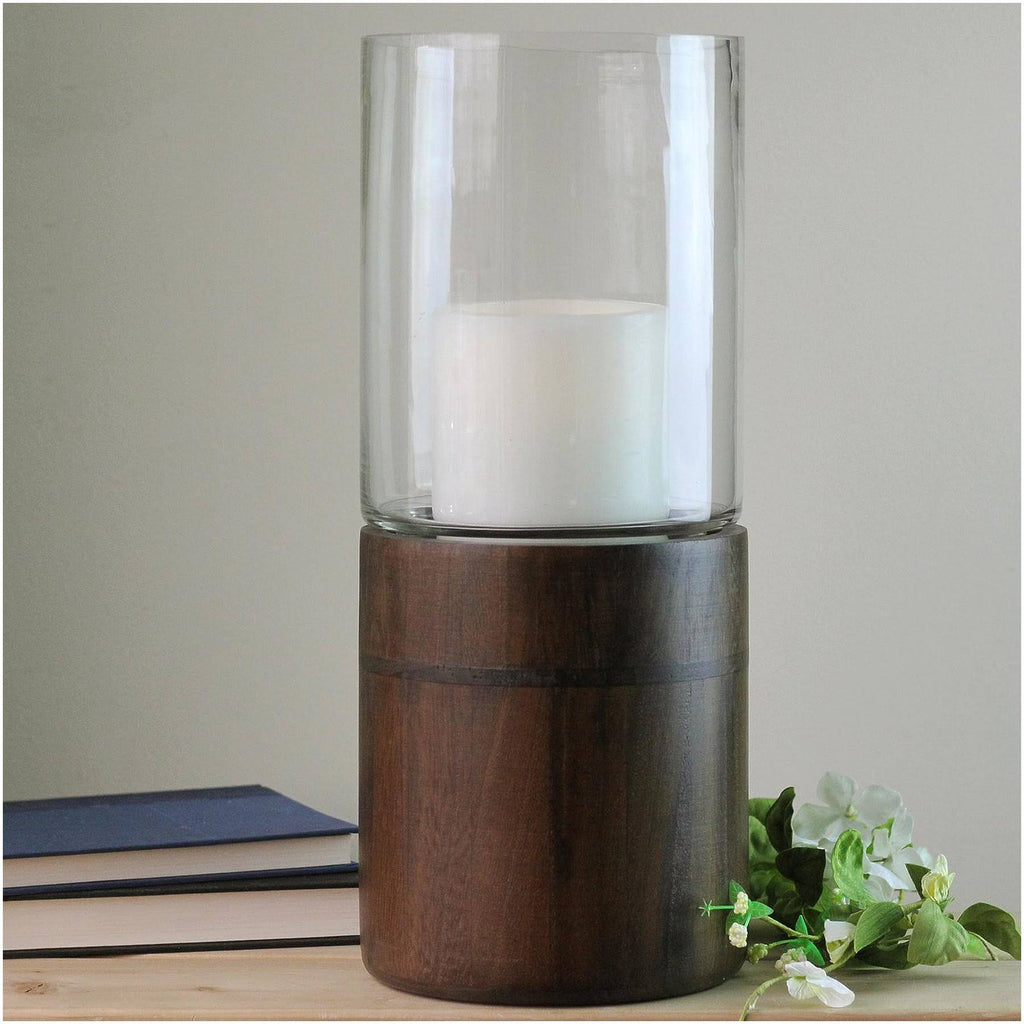 Clear Glass Hurricane Pillar Candle Holder with Wooden Base X759788