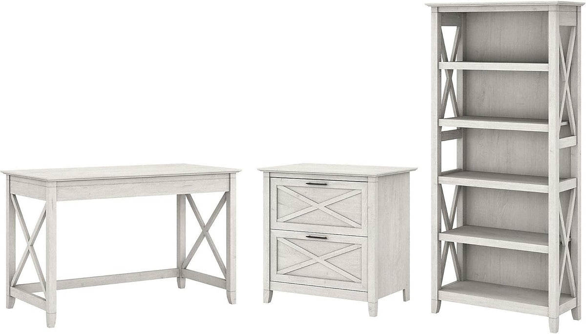 48W Dark Gray Hickory Writing Desk with 2 Drawer Lateral File Cabinet and 5 Shelf Bookcase X159607