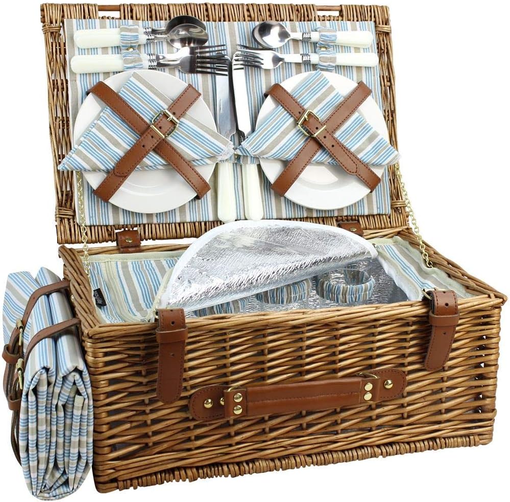Picnic Basket Set for 2 Persons, Willow Hamper with Insulated Cooler Compartment, Waterproof Blanket and Cutlery Service Kit, Classical Brown Y347121