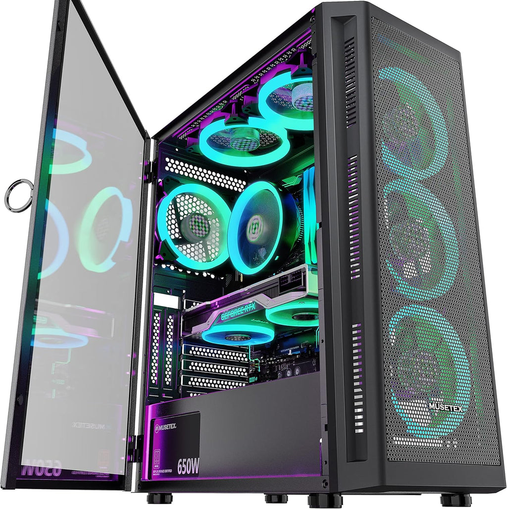 Black Mid-Tower ATX PC Case with 6pcs 120mm ARGB Fans, Tempered Glass Side Panels B23524