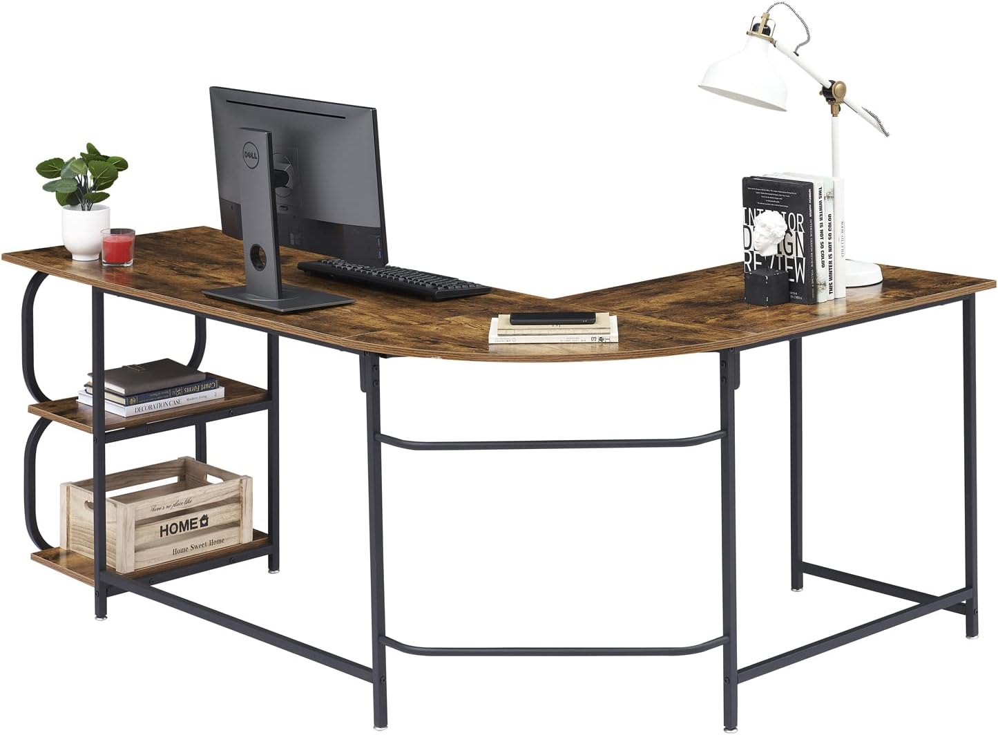 Reversible L Shaped Desk Corner Computer Desk with Webcam Wood Metal Teak Black P10921