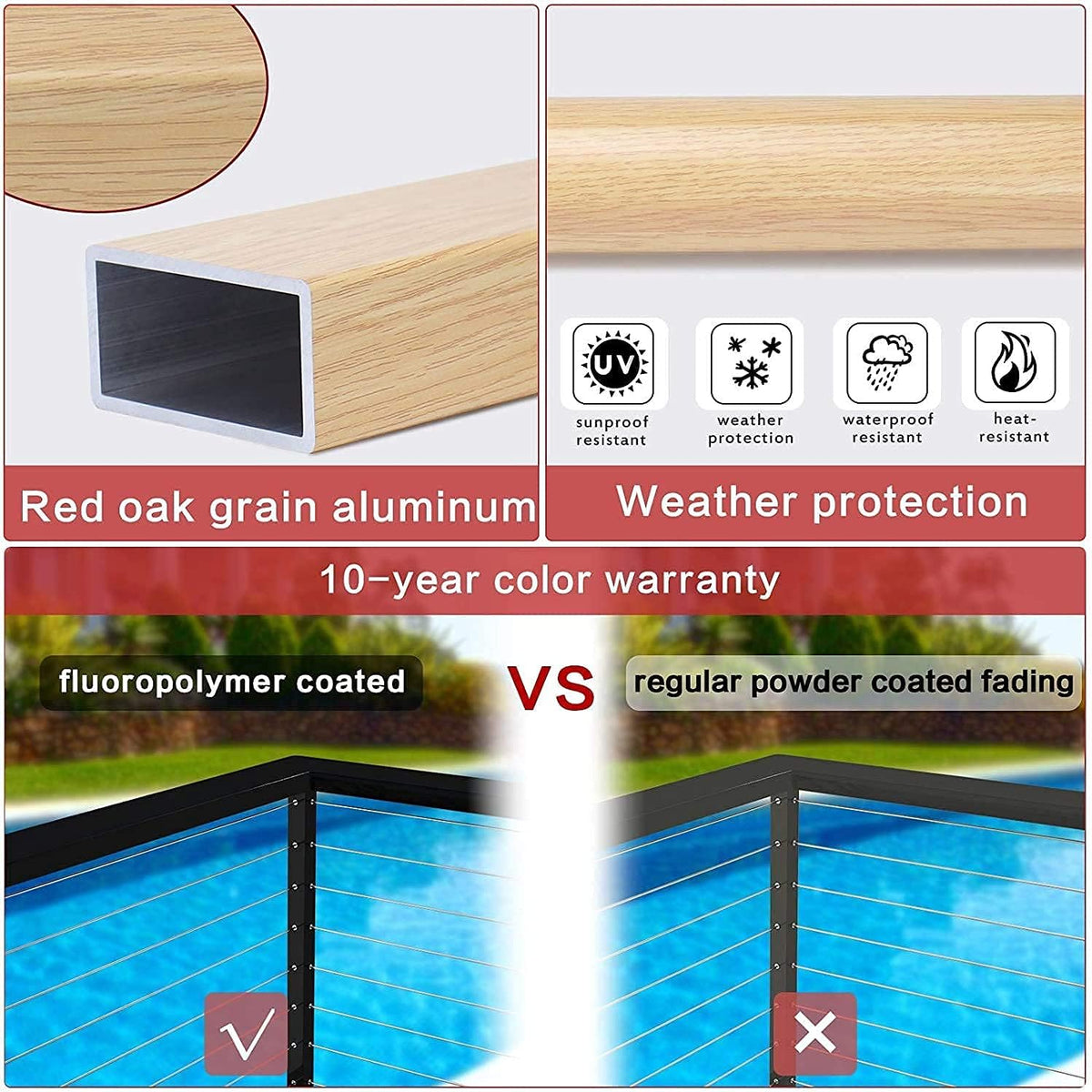 3.3ft Aluminum Cable Railing Handrail with Red Oak Wood Grain Bracket Hardware H26854
