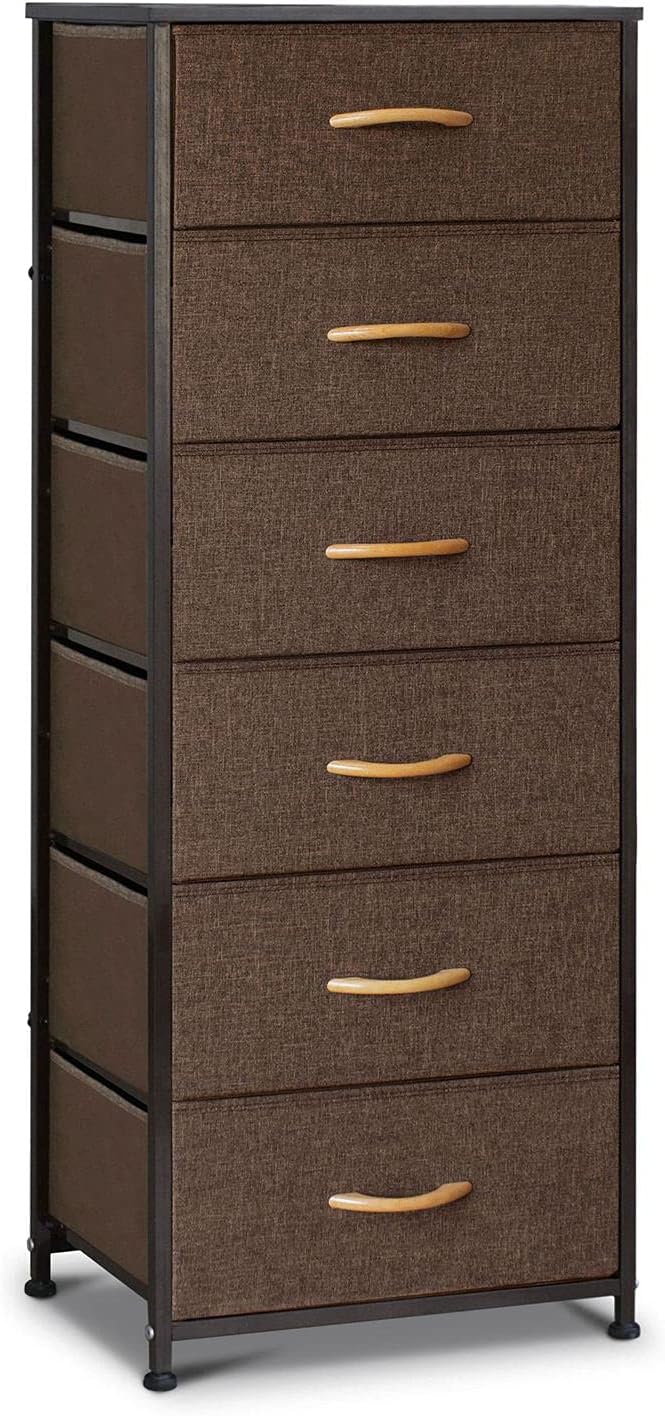 Gray Fabric 6 Drawer Vertical Storage Tower with Metal Frame and Wooden Top A9919