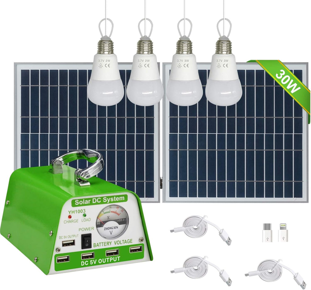 30W Panel Foldable Solar Panel Lighting Kit with 5 USB Solar Charger LED Light Bulb and 5 Cellphone Charger B29504
