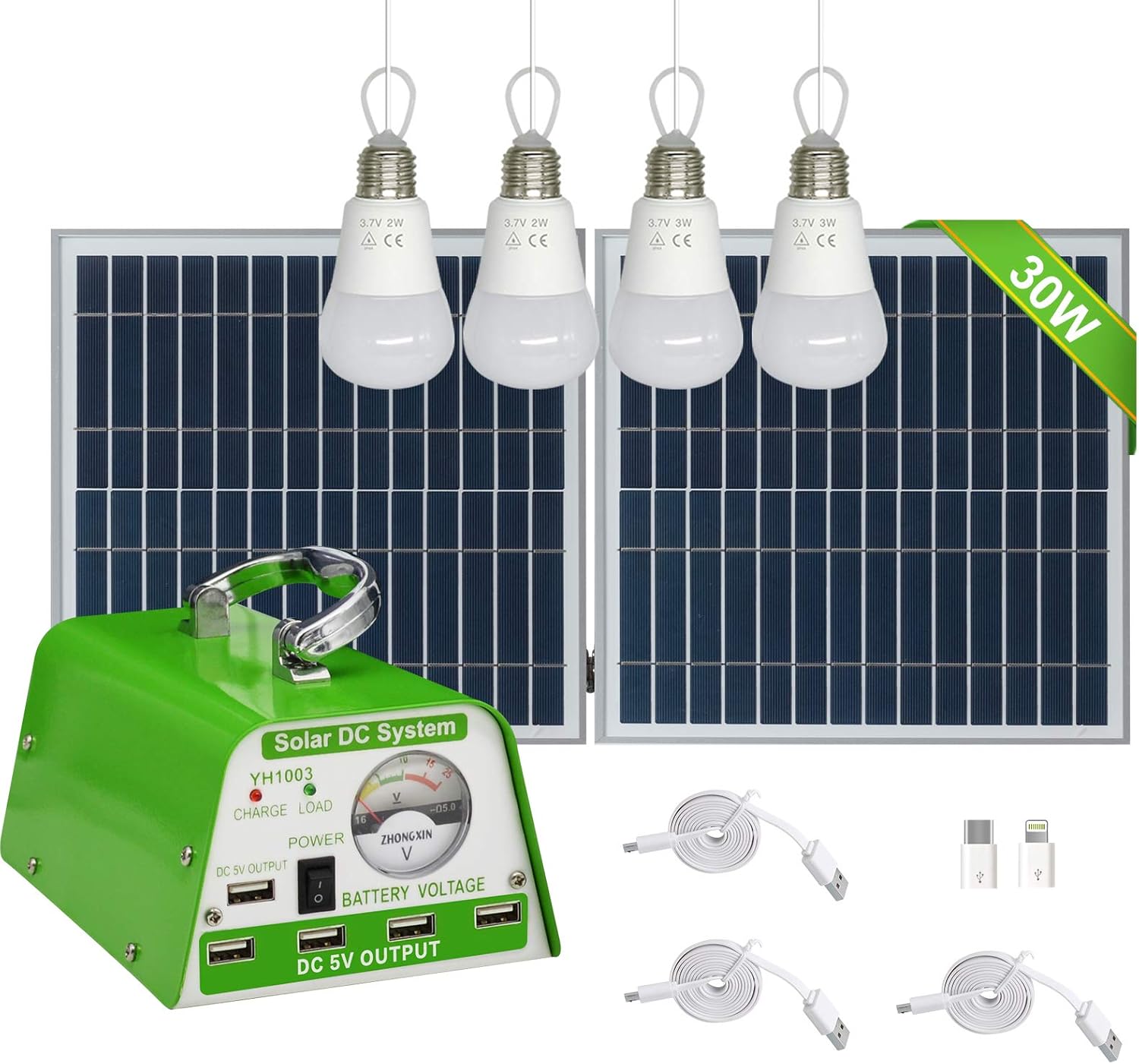 30W Panel Foldable Solar Panel Lighting Kit with 5 USB Solar Charger LED Light Bulb and 5 Cellphone Charger B29504