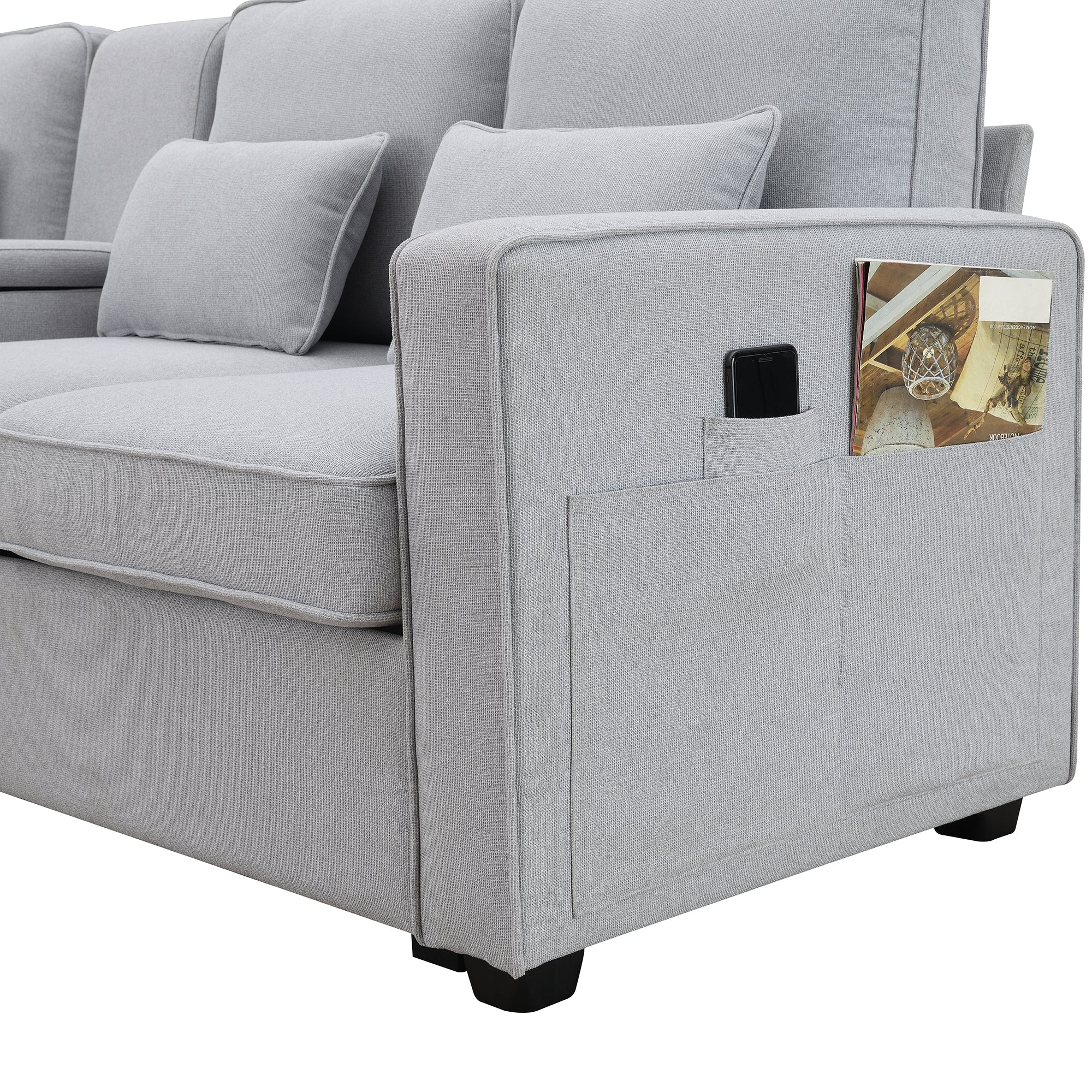 Light Grey 4-Seater Linen Fabric Sofa with 4 Pillows Z17171