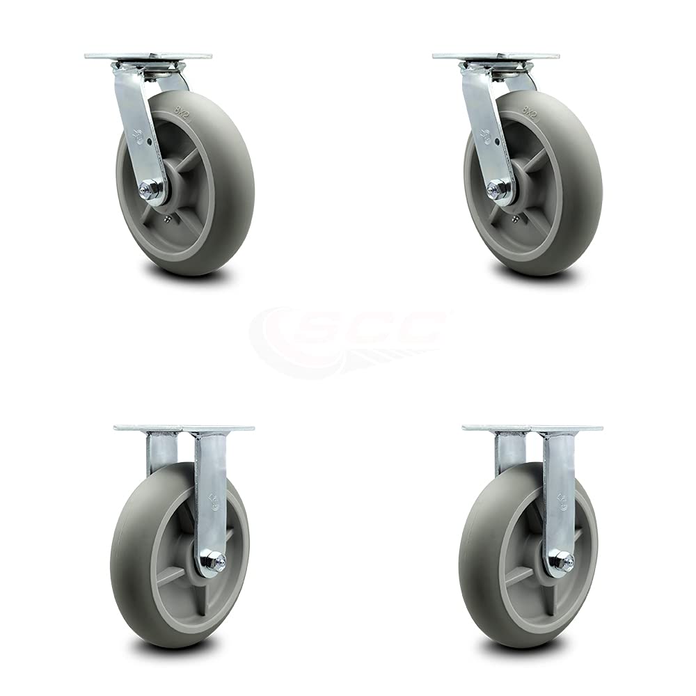 Housekeeping Cart Rigid Caster, 8 Inch Gray Non-Marking Thermoplastic Rubber Wheel, Pack of 2 B634