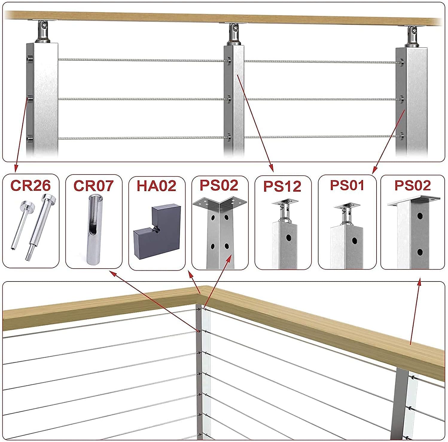 3.3ft Aluminum Cable Railing Handrail with Red Oak Wood Grain Bracket Hardware H26854