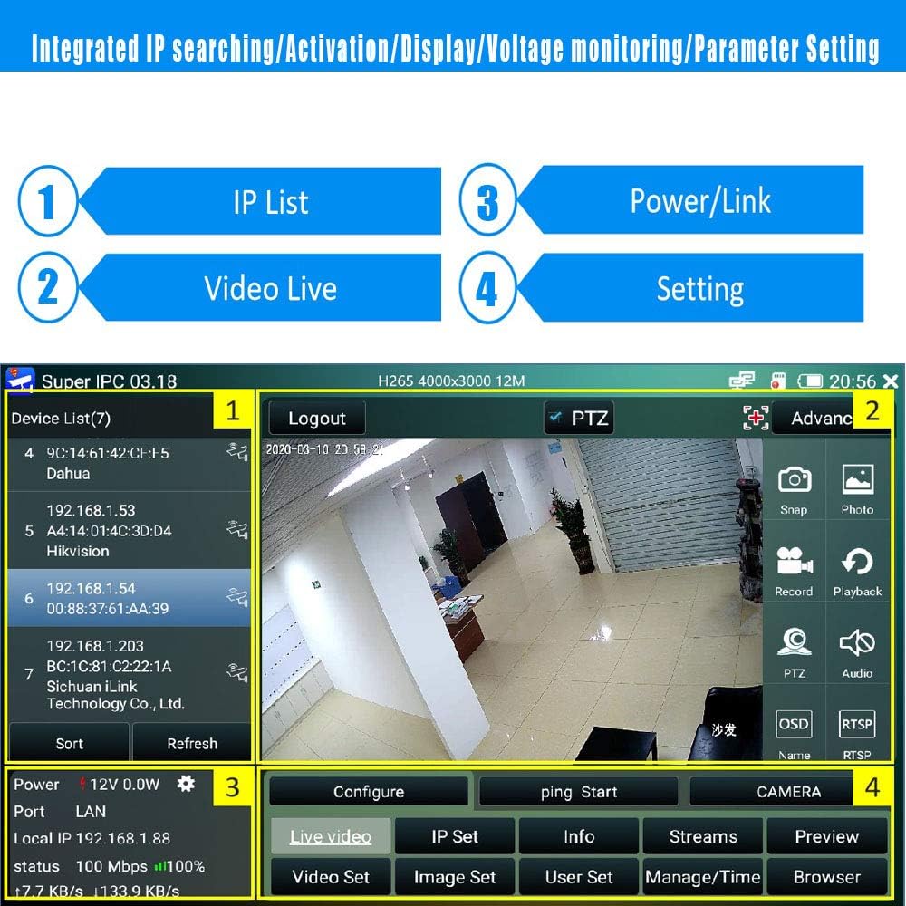 CCTV Camera Tester with IP Discovery, PoE, WiFi, HDMI Output F8653