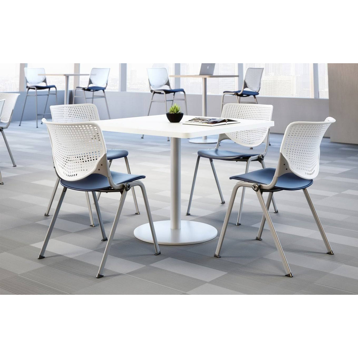 Square Pedestal Table with Teak Top and Silver Base D37412