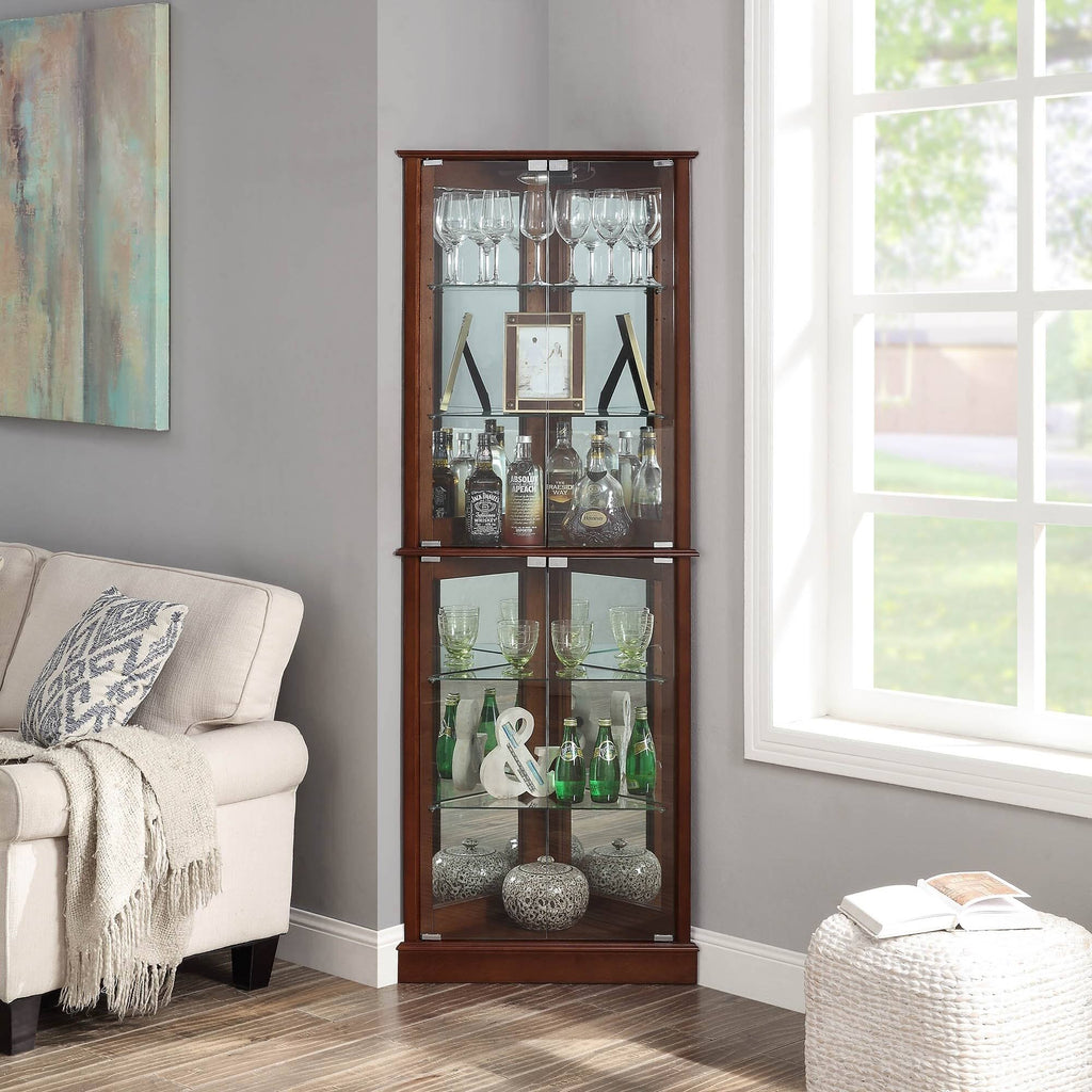 Lighted Corner Curio Cabinet with Tempered Glass Door, 6 Shelves, Walnut Y184