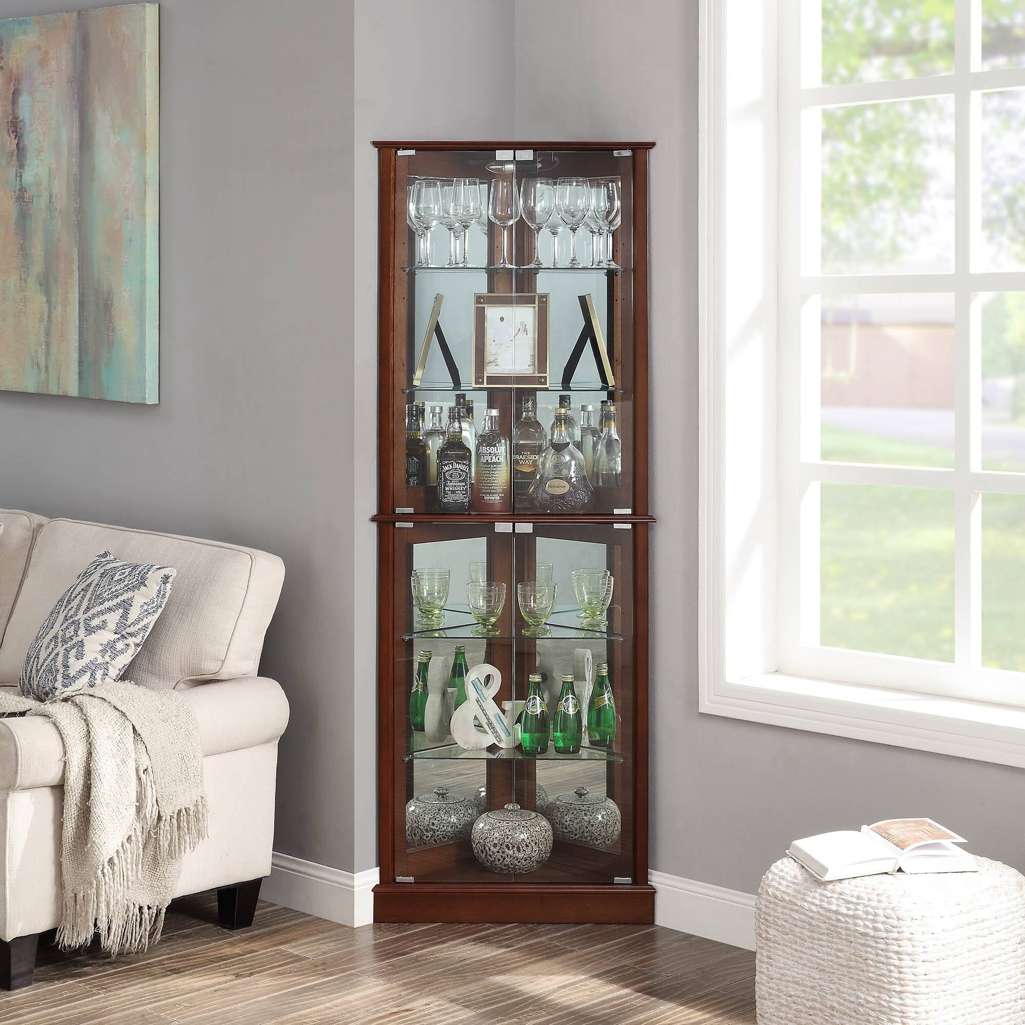Lighted Corner Curio Cabinet with Tempered Glass Door, 6 Shelves, Walnut Y184