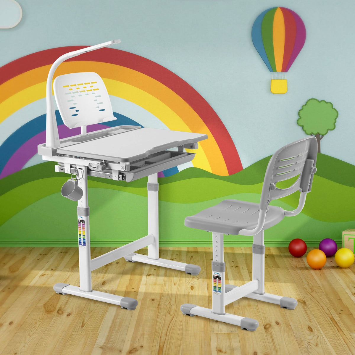 Gray Kid's Desk and Chair Set with Lamp and Book Holder D266956