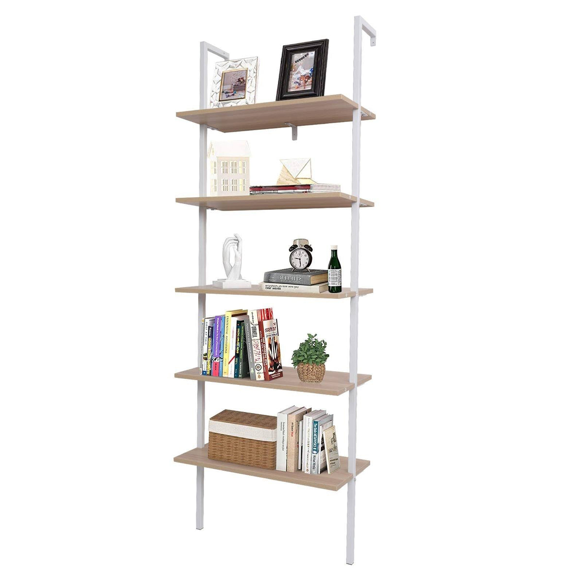 Walnut Beige 5-Tier Wood Ladder Bookcase with Metal Frame X199