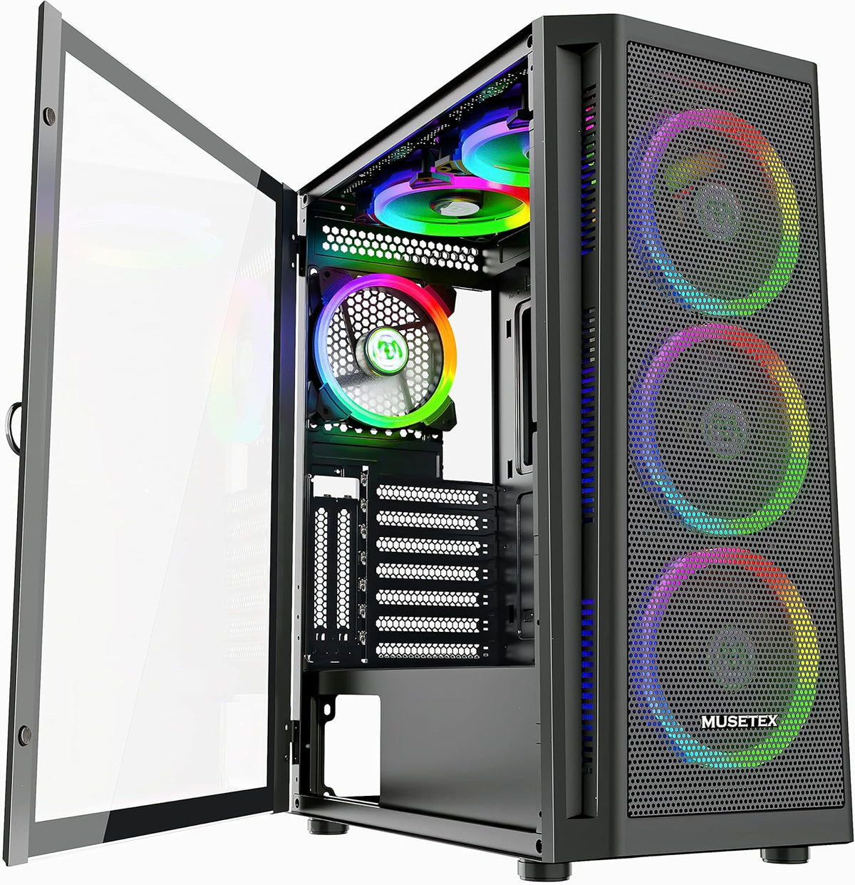 Black Mid-Tower ATX PC Case with 6pcs 120mm ARGB Fans, Tempered Glass Side Panels B23524