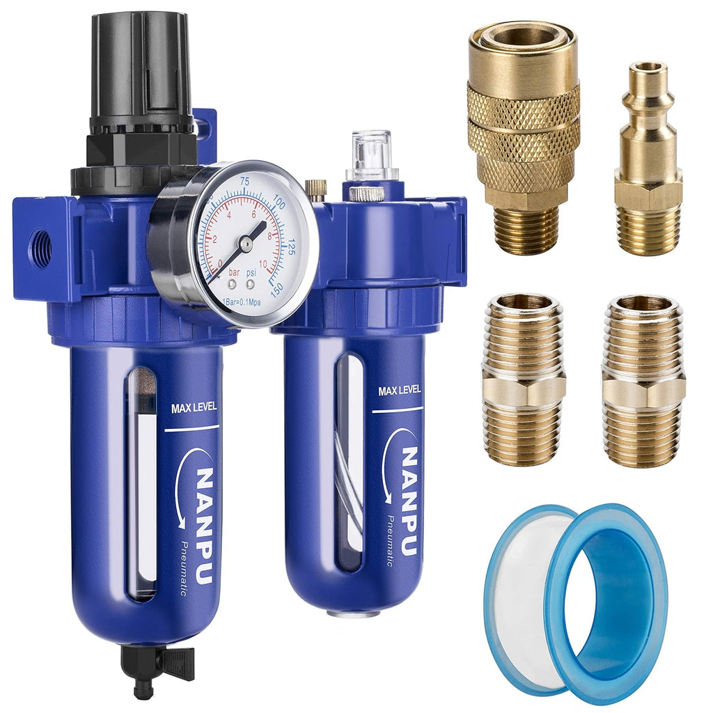 1/4 NPT Compressed Air Filter Regulator Lubricator, Zinc Alloy, 5 Micron Brass Element, 0-150 psi Gauge, Manual Drain D86422