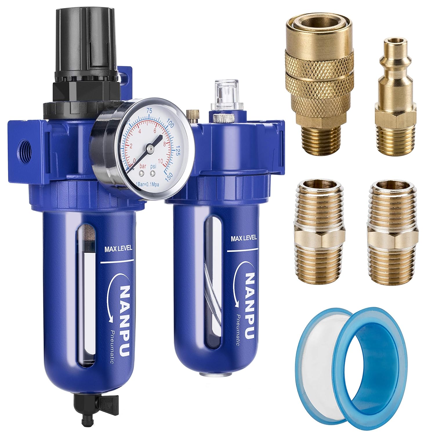 1/4 NPT Compressed Air Filter Regulator Lubricator, Zinc Alloy, 5 Micron Brass Element, 0-150 psi Gauge, Manual Drain D86422