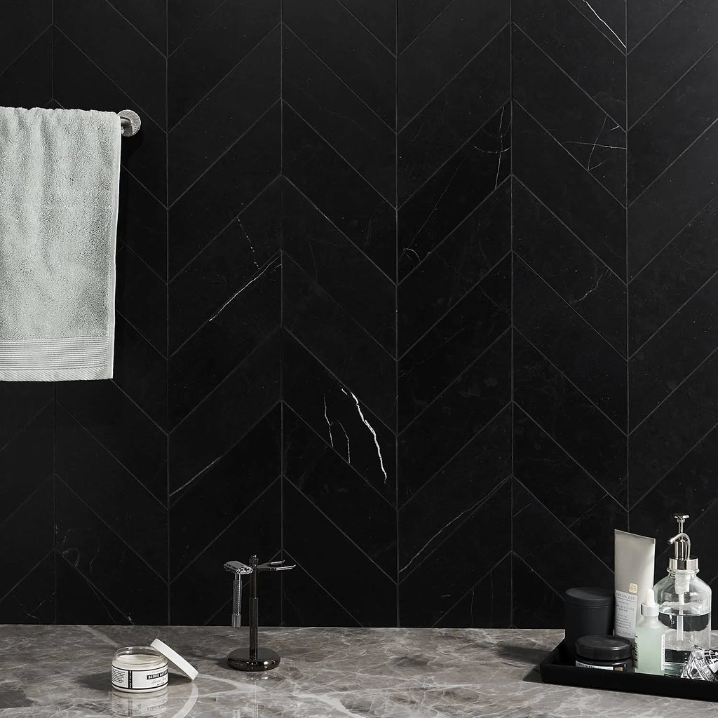Nero Marquina 3x12 Chevron Honed Marble Tile L459