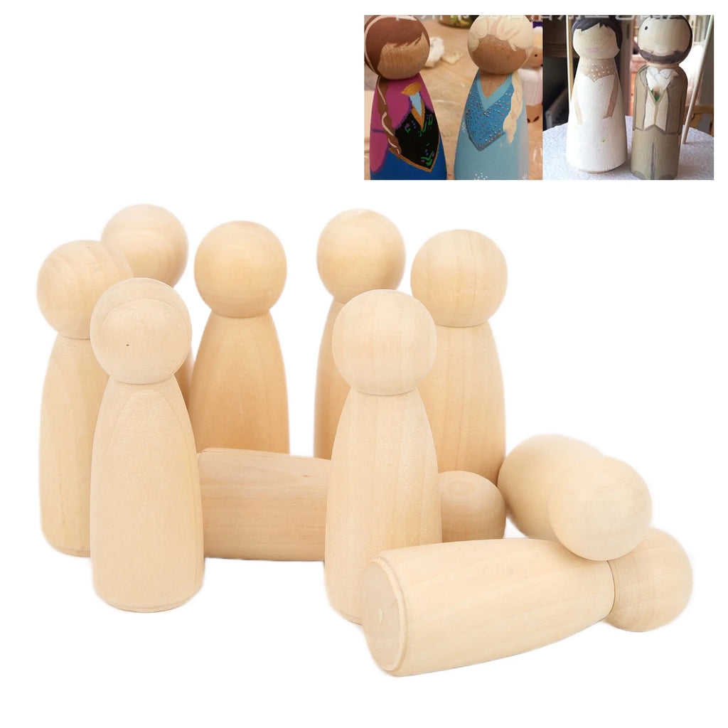 10Pcs Unfinished Wooden Peg Dolls for Kids DIY Craft 75mm / 3.0in H573532