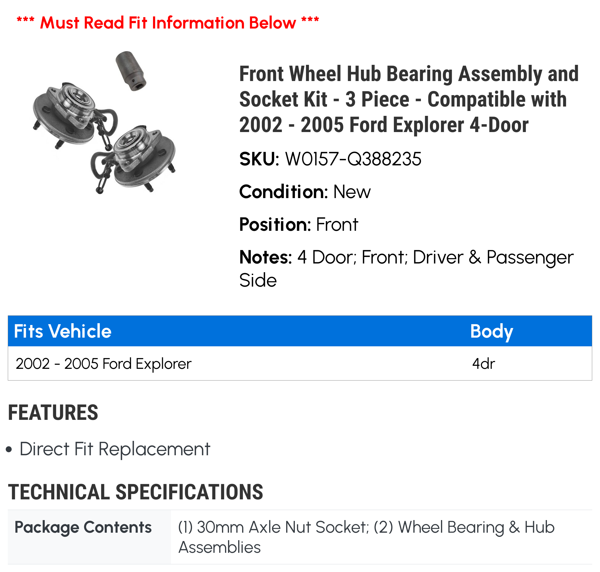 Front Wheel Hub Bearing Assembly and Socket Kit 3 Piece J63191