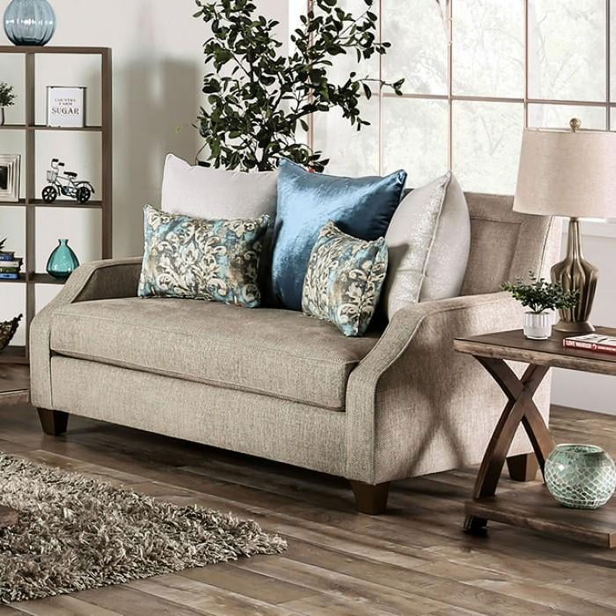 Beige & Teal Chenille Loveseat C90507