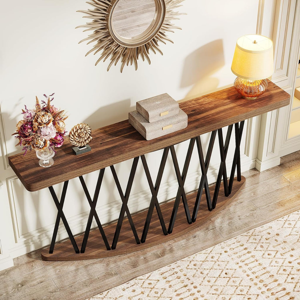 70.8-Inch Wooden Console Table with X-Shaped Metal Frame J4030