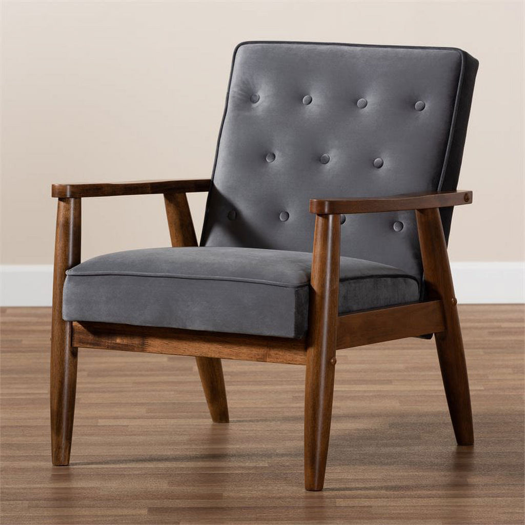 Grey Velvet Upholstered Wood Lounge Chair I7649
