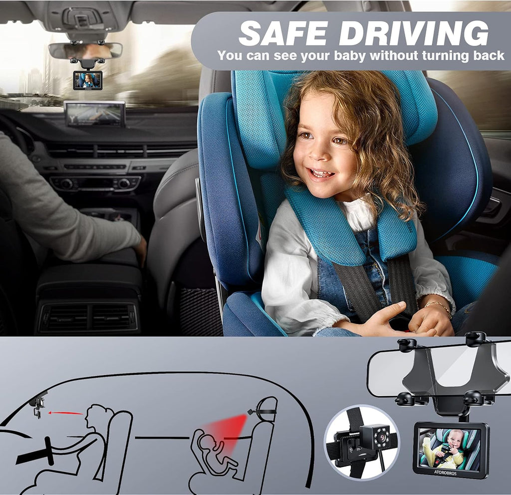 Baby Car Camera with 4.3'' HD Display, 1080P Night Vision, 360° Rearview Mirror Display Bracket R775105
