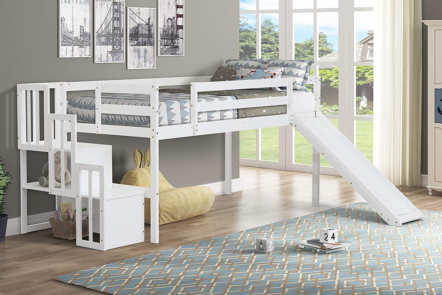 Twin-Over-Twin Solid Pine Wood Bunk Bed with Trundle and 4 Storage Drawers D1784