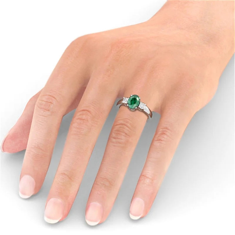 Oval Cut Emerald Three Stone Ring 14K White Gold Size 4 G911