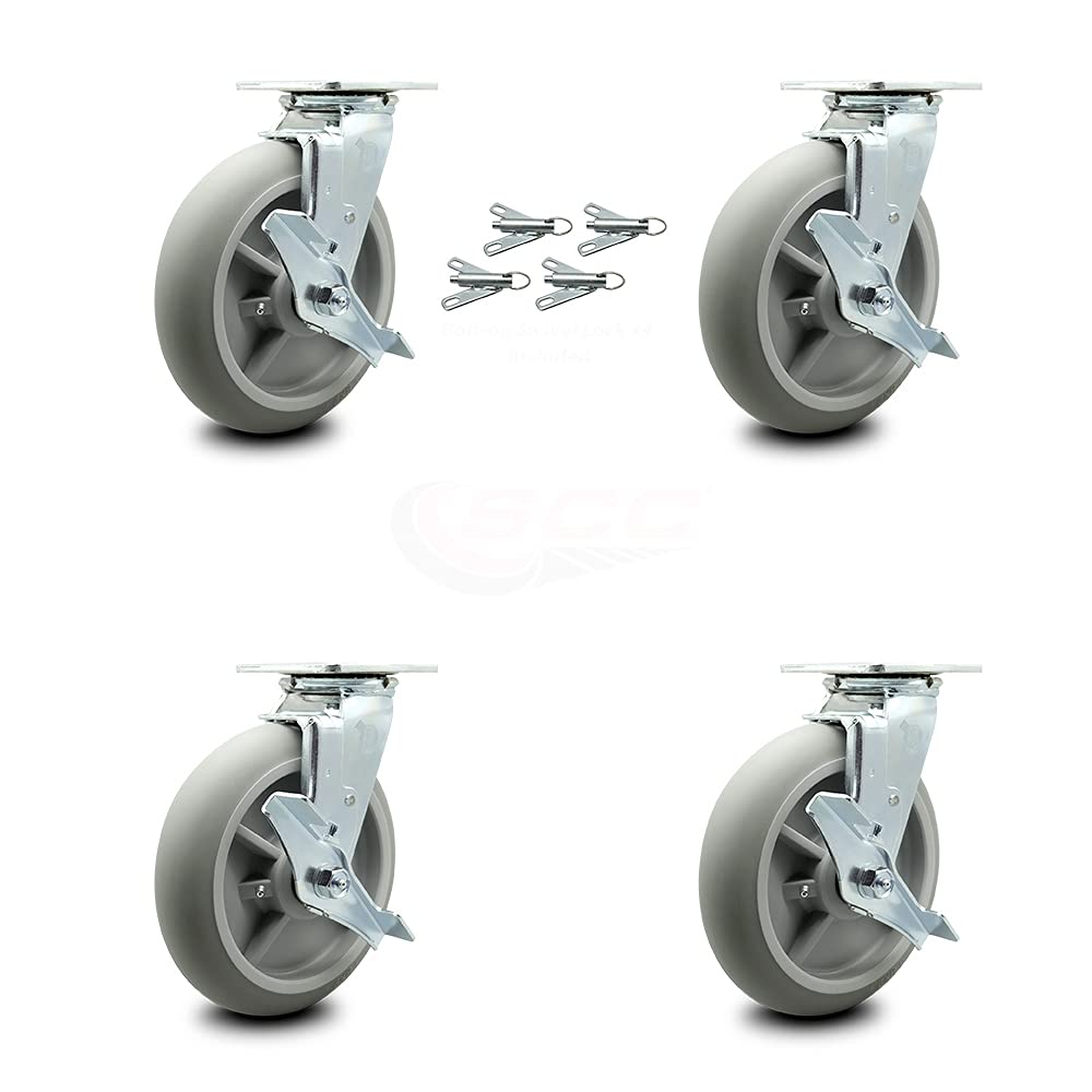 Housekeeping Cart Rigid Caster, 8 Inch Gray Non-Marking Thermoplastic Rubber Wheel, Pack of 2 B634