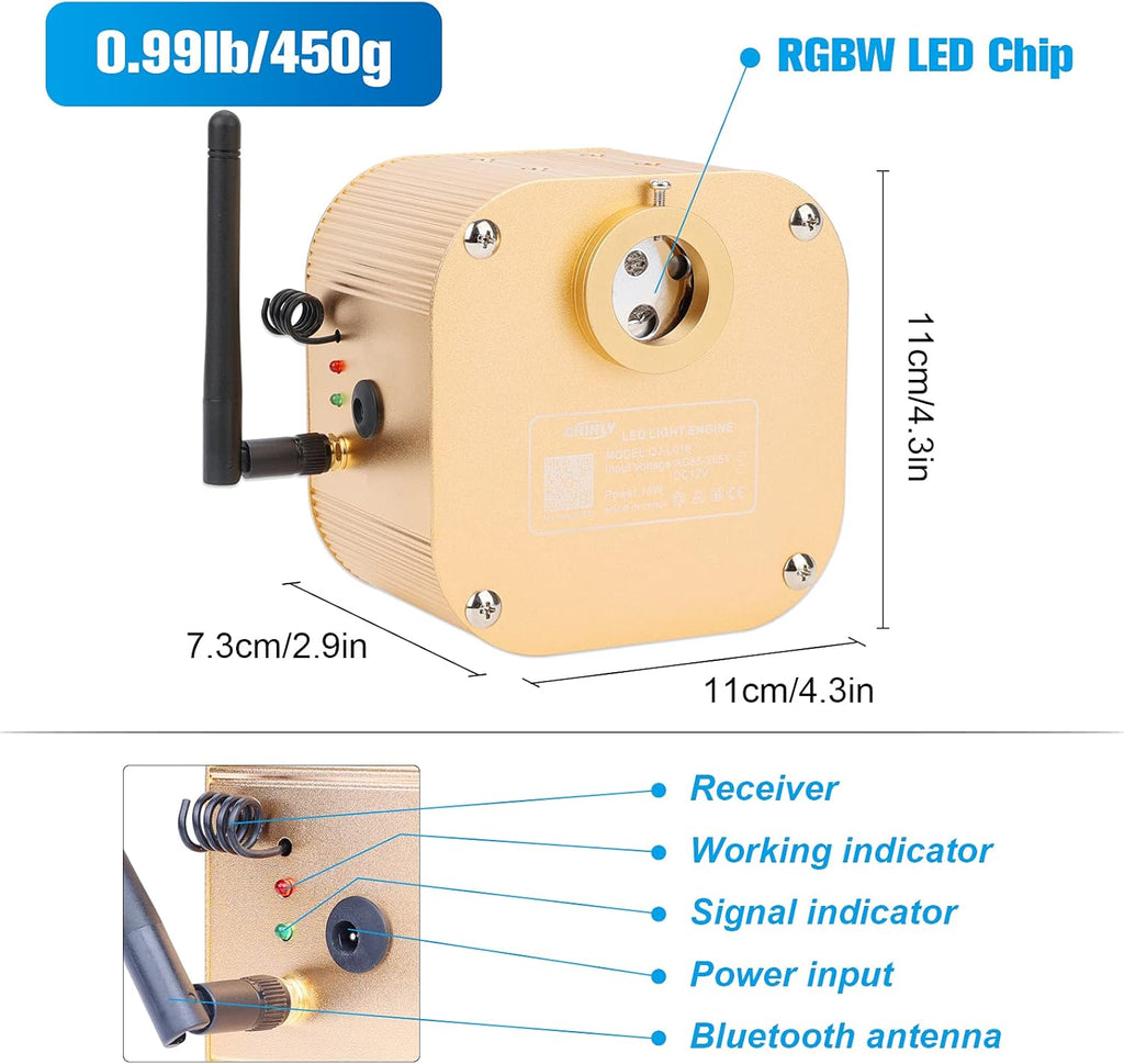 16W 450pcs 13.1ft RGBW Bluetooth LED Fiber Optic Star Ceiling Lights Kit with Adapter F344