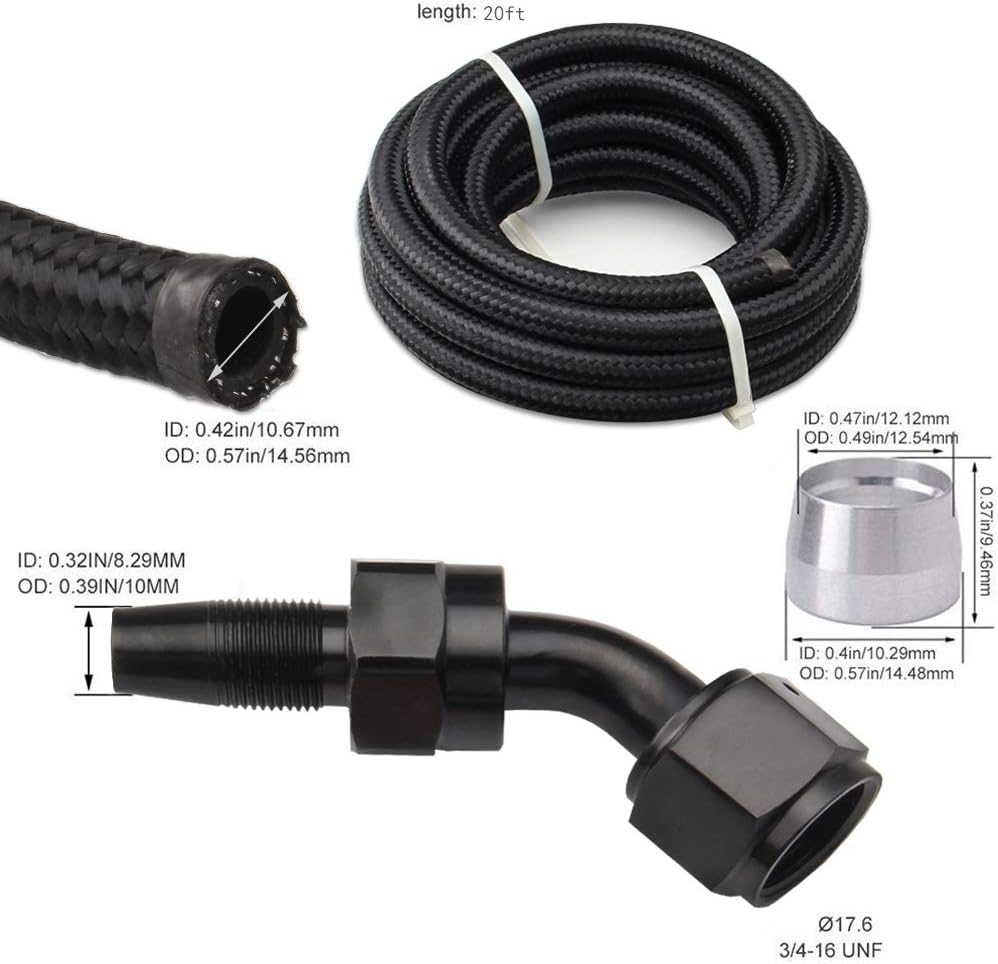 6AN Fuel Line Kit 20FT with Fittings Nylon Braided 3/8" CPE Fuel Oil Hose H177166