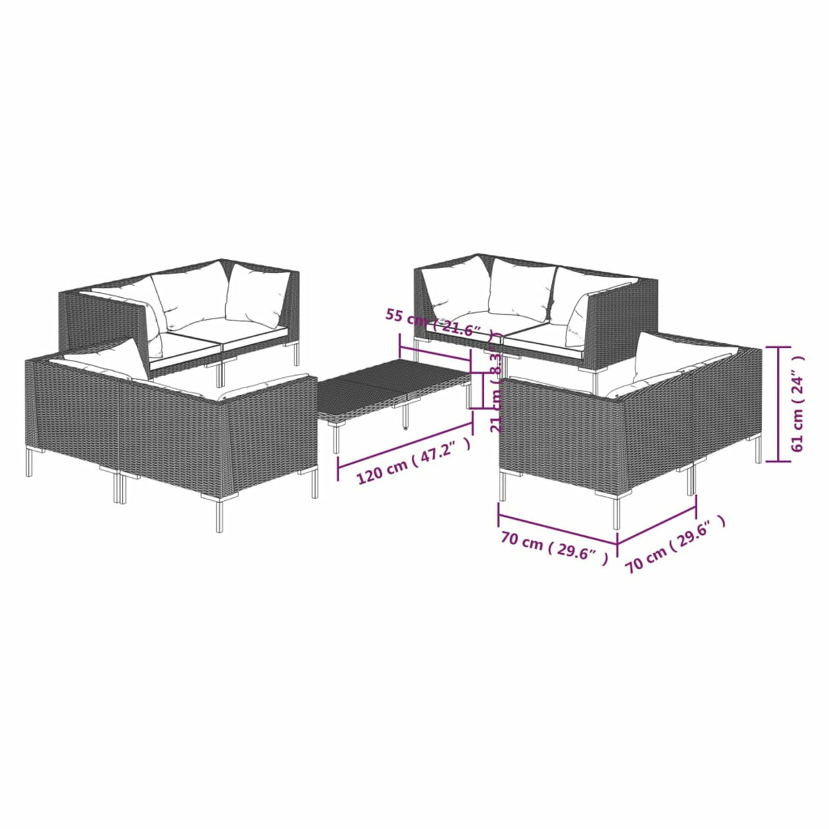 9 Piece Dark Gray Outdoor Sectional Sofa Set with Cushions Steel Frame O667