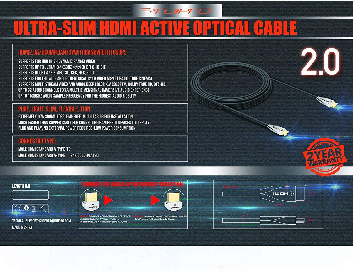 HDMI 2.0b Fiber Optic Cable 65ft 18Gbps O21333