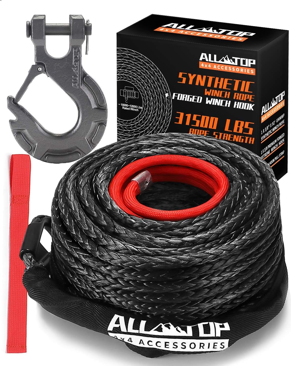 Synthetic Winch Rope Cable Kit with Protective Sleeve, Forged Winch Hook, Safety Pull Strap T631