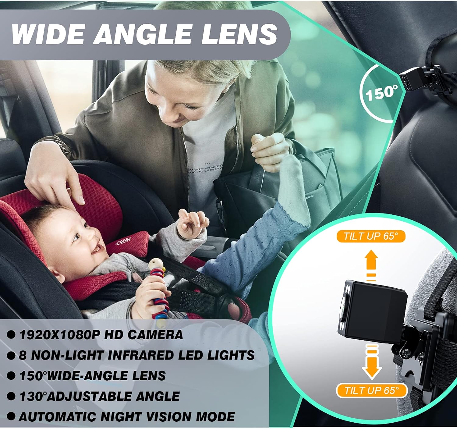 Baby Car Camera with 4.3'' HD Display, 1080P Night Vision, 360° Rearview Mirror Display Bracket R775105