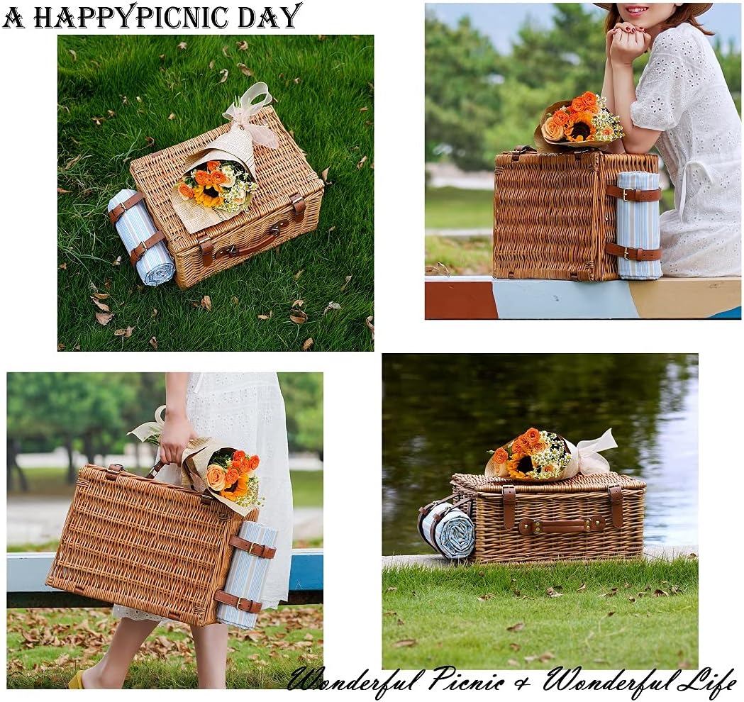 Picnic Basket Set for 2 Persons, Willow Hamper with Insulated Cooler Compartment, Waterproof Blanket and Cutlery Service Kit, Classical Brown Y347121
