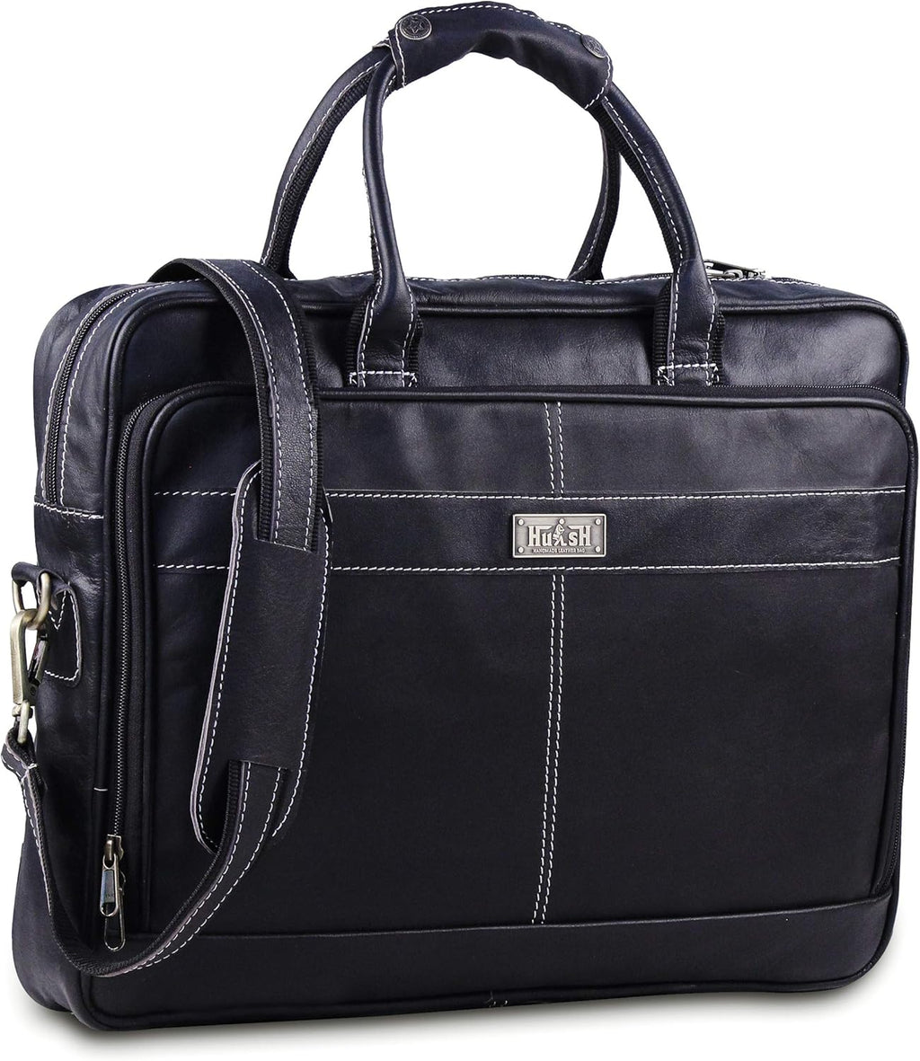 Black Leather Laptop Bag with Padded Laptop Case S459