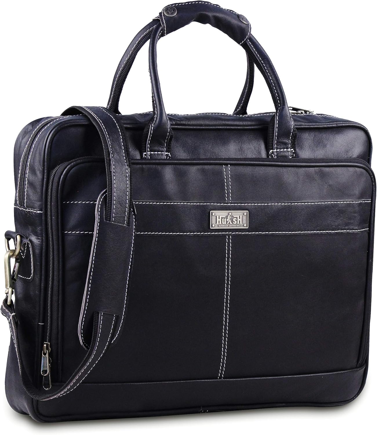 Black Leather Laptop Bag with Padded Laptop Case S459