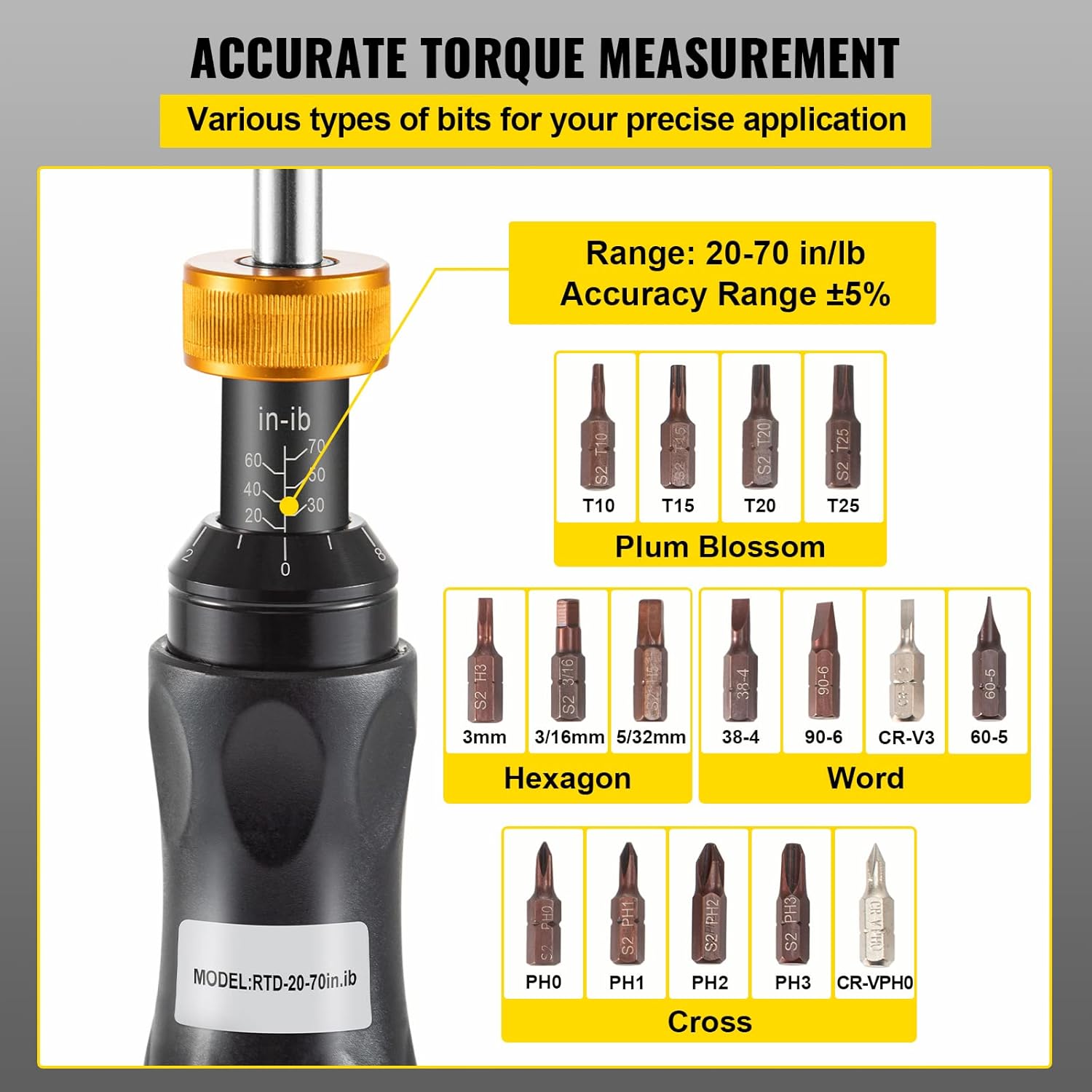 1/4" Drive Torque Screwdriver, 20-70 in/lbs, Adjustable, with Bits & Case, Pack of 2 H8063