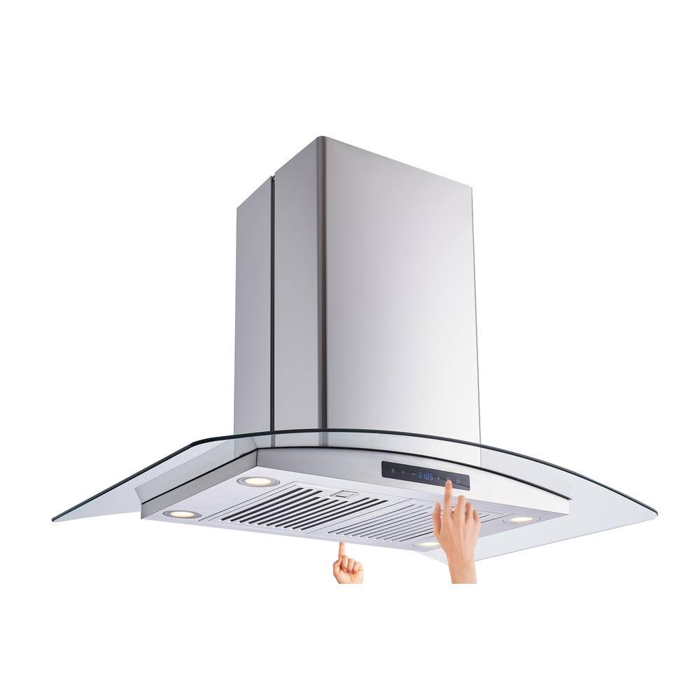 Stainless Steel Convertible Glass Island Mount Range Hood with Charcoal Filters W984
